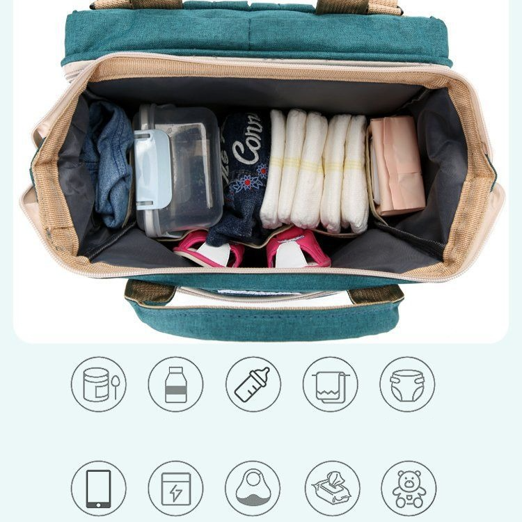 Convertible Baby Bed Diaper Backpack, Waterproof Oxford Multifunction Mommy Bag, 3-Way Hand/Shoulder/Backpack for Travel and Outdoor Use - Green