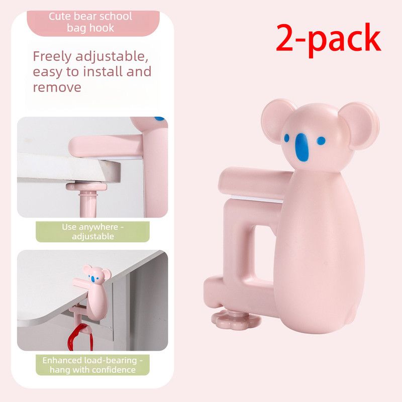 2-Pack Koala Desk Hook, Adjustable Glue-Free Table-Side Bag Hanger, Heavy-Duty Portable Backpack Hook for Students—Pink