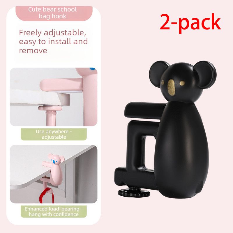 2-Pack Koala Desk Hook, Adjustable Glue-Free Table-Side Bag Hanger, Heavy-Duty Portable Backpack Hook for Students - Black