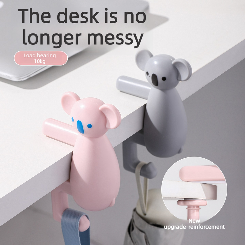 2-Pack Koala Desk Hook, Adjustable Glue-Free Table-Side Bag Hanger, Heavy-Duty Portable Backpack Hook for Students - Gray