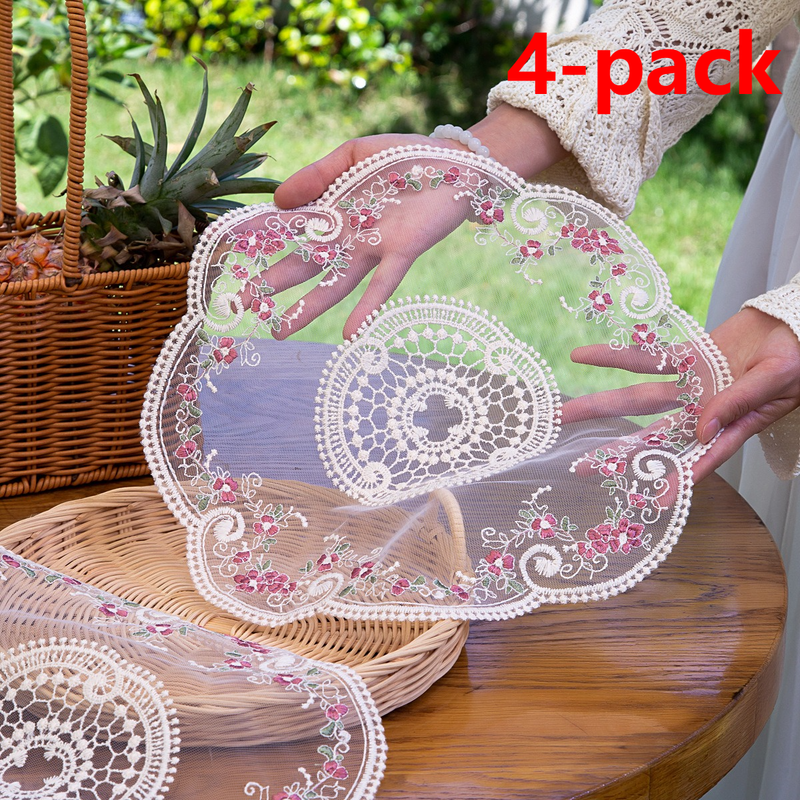4 Pack French Floral Embroidered Lace Placemats, Vintage Country Style Sheer Mesh Doily Table Decor Coaster