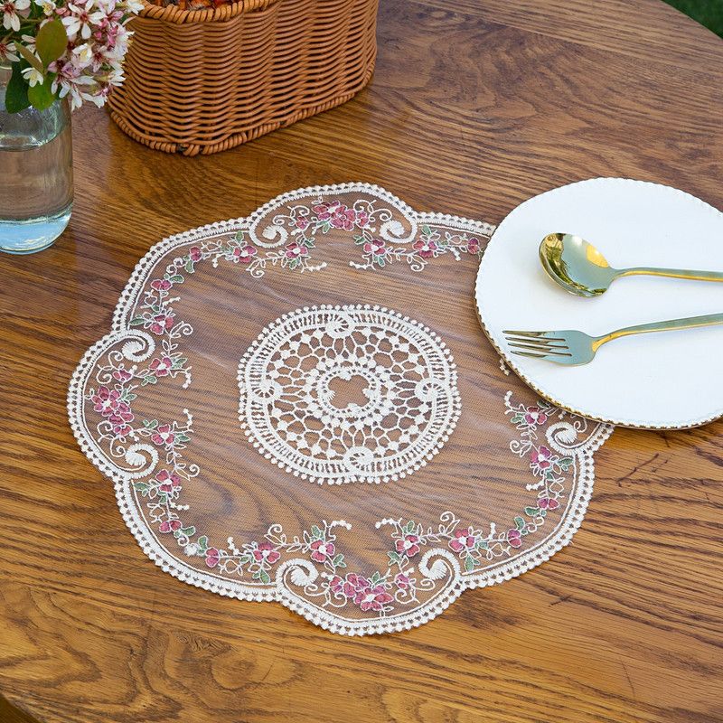4 Pack French Floral Embroidered Lace Placemats, Vintage Country Style Sheer Mesh Doily Table Decor Coaster