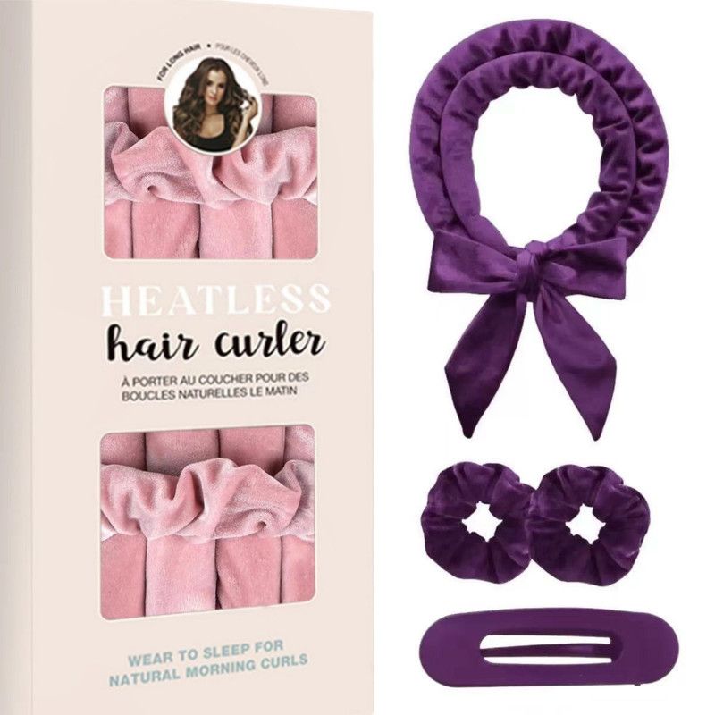 Velvet Heatless Hair Curlers Set, Overnight No-Heat Curling Ribbon with Scrunchies & Hair Clip - Purple