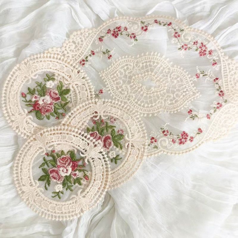 6 Pack Beige Vintage Rose Embroidered Lace Coasters, French Ins Style Round Mesh Heat Resistant Cup Mats