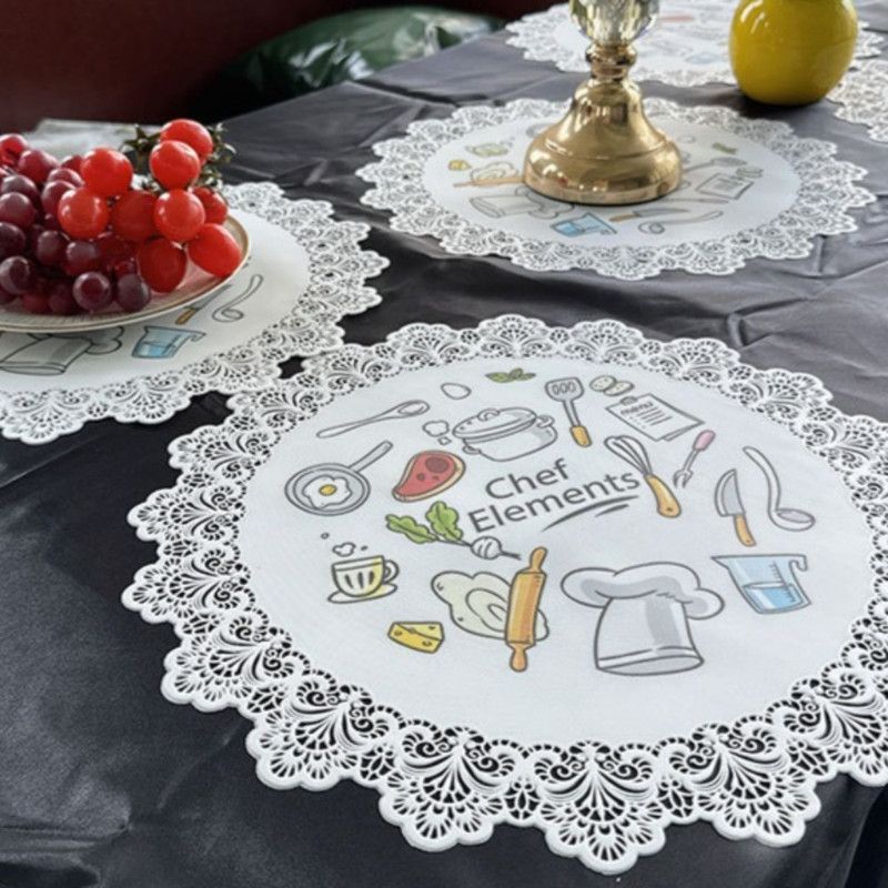 2-Pack Round PVC Lace Coffee-Printed Placemats, Waterproof, Oil-Resistant, Heat-Insulating, Non-Slip Table Mats—Coffee Design