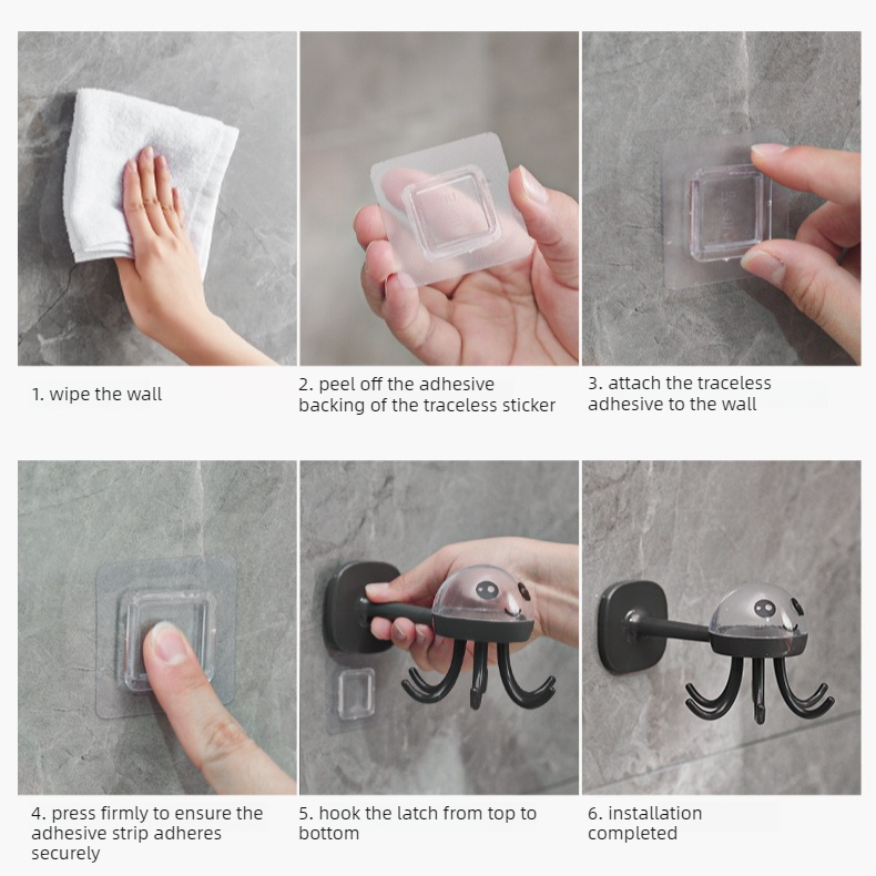 Octopus Rotating No-Drill Hook, Multi-Purpose Strong Adhesive 6-Claw Kitchen Utensil Wall Storage Rack—White