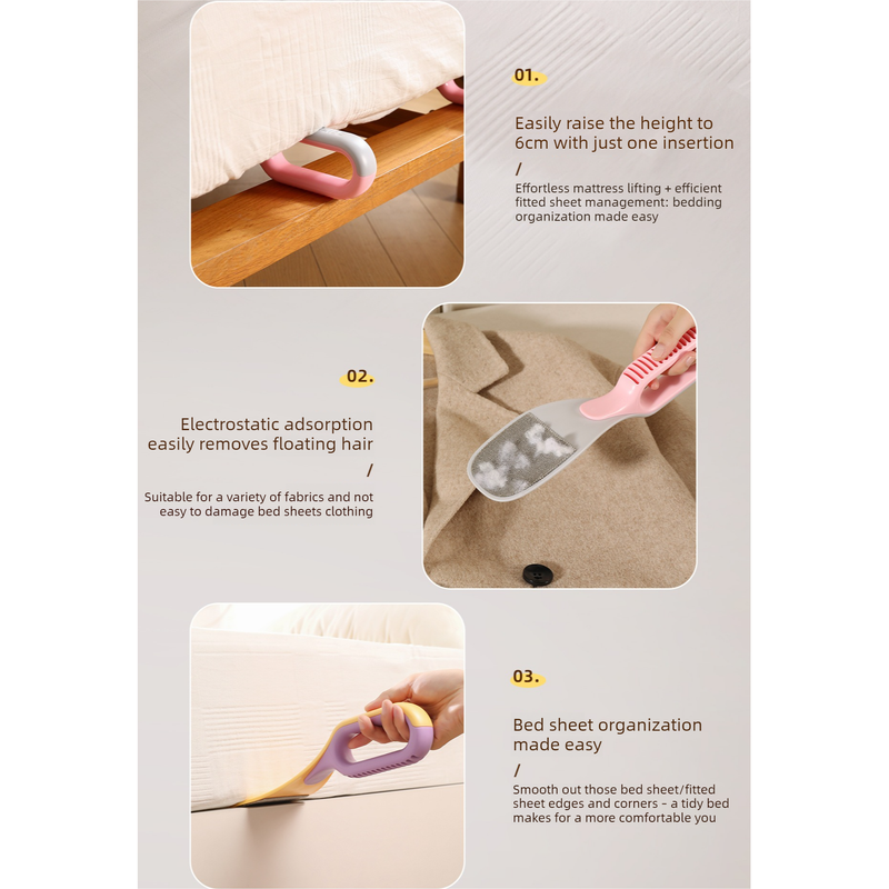 Multi-Function Mattress Lifting Tool, Labor-Saving Bed Sheet Tucking Helper, Double-Sided Static Lint Remover Brush—Gray