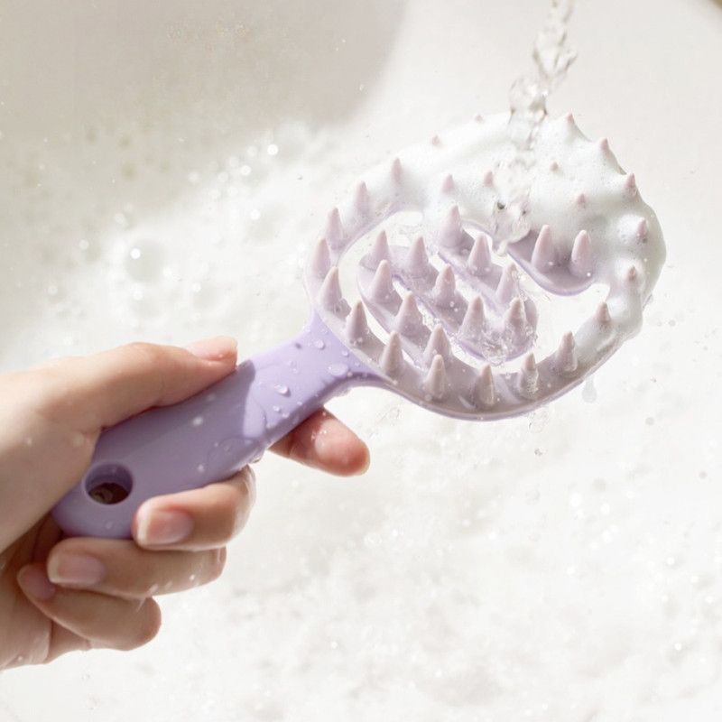 Long-Handle Hollow Hair Shampoo Brush, TPR Soft-Bristle Scalp Massager, Wet & Dry Hair—Black + Pink