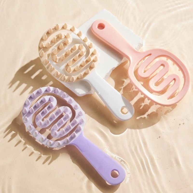 Long-Handled Hollow Hair Shampoo Brush, TPR Soft-Bristle Scalp Massager, for Wet & Dry Hair—Pink