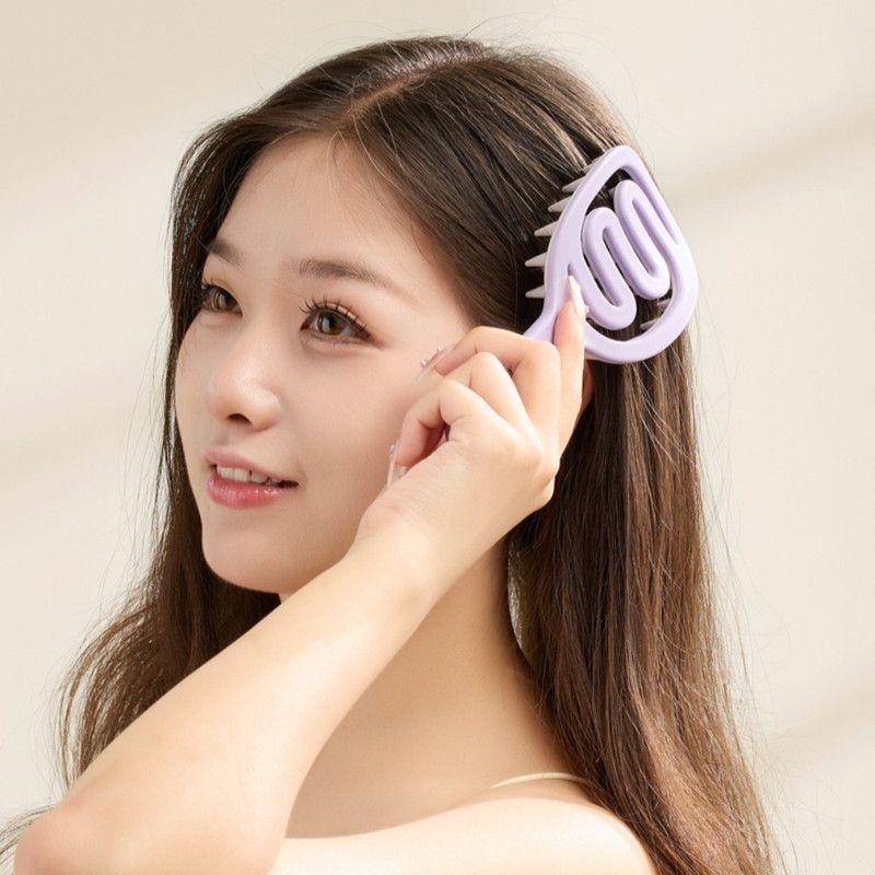 Long-Handled Hollow Hair Shampoo Brush, TPR Soft-Bristle Scalp Massager, for Wet & Dry Hair—Purple