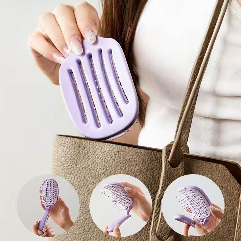 Self-Cleaning Foldable Vent Hair Brush, Portable Detachable Volumizing Scalp Massage Comb—Pink