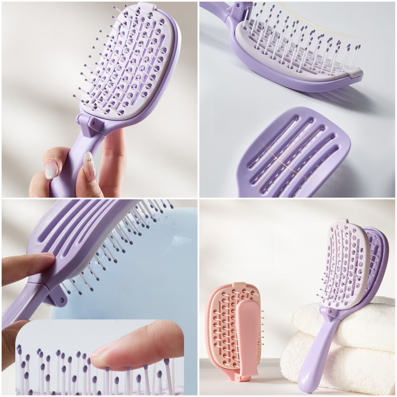 Self-Cleaning Foldable Vent Hair Brush, Portable Detachable Volumizing Scalp Massage Comb—Pink
