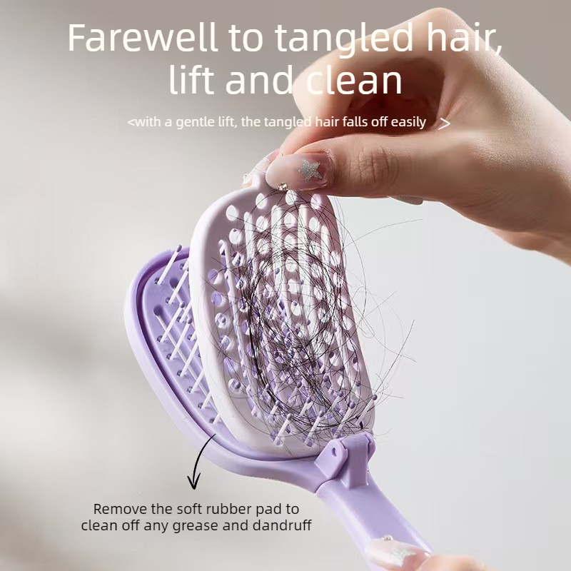 Self-Cleaning Foldable Vent Hair Brush, Portable Detachable Volumizing Scalp Massage Comb—Purple