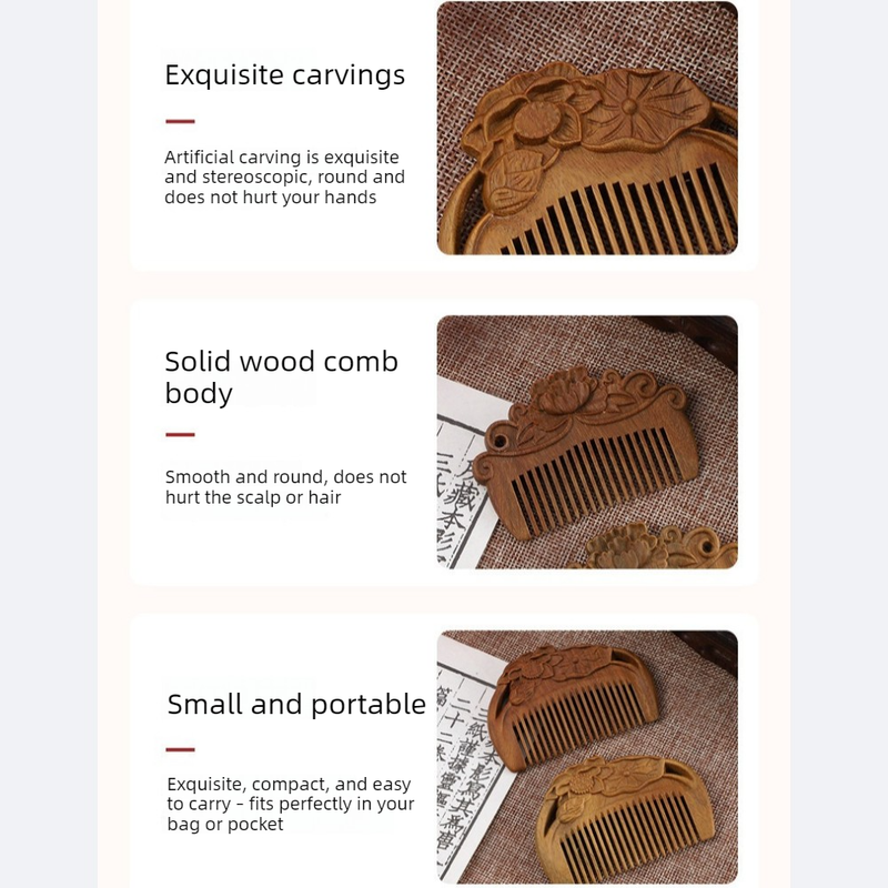 8cm Mini Carved Sandalwood Comb, Vintage Lotus Flower 3D Engraved Portable Anti-Static Wooden Scalp Massage Comb