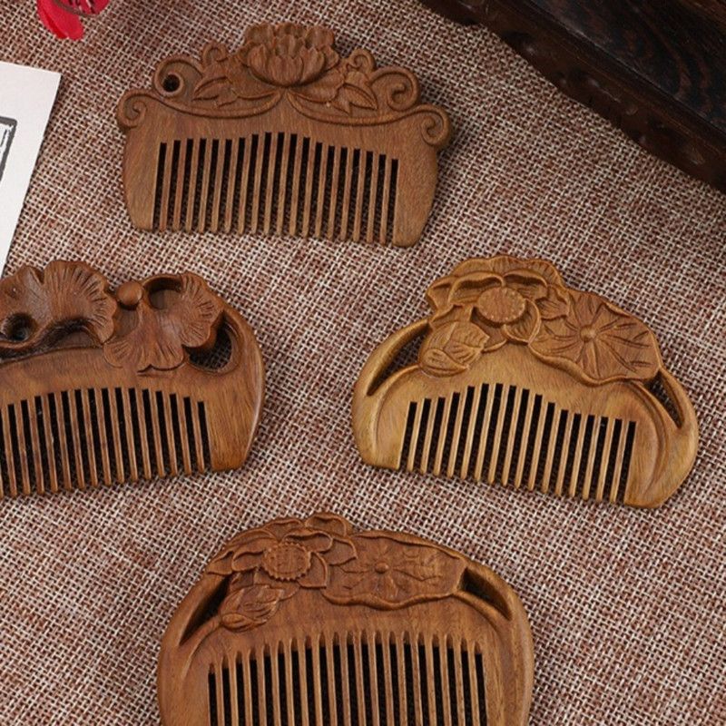 8cm Mini Carved Sandalwood Comb, Vintage Peony Flower 3D Engraved Portable Anti-Static Wooden Scalp Massage Comb