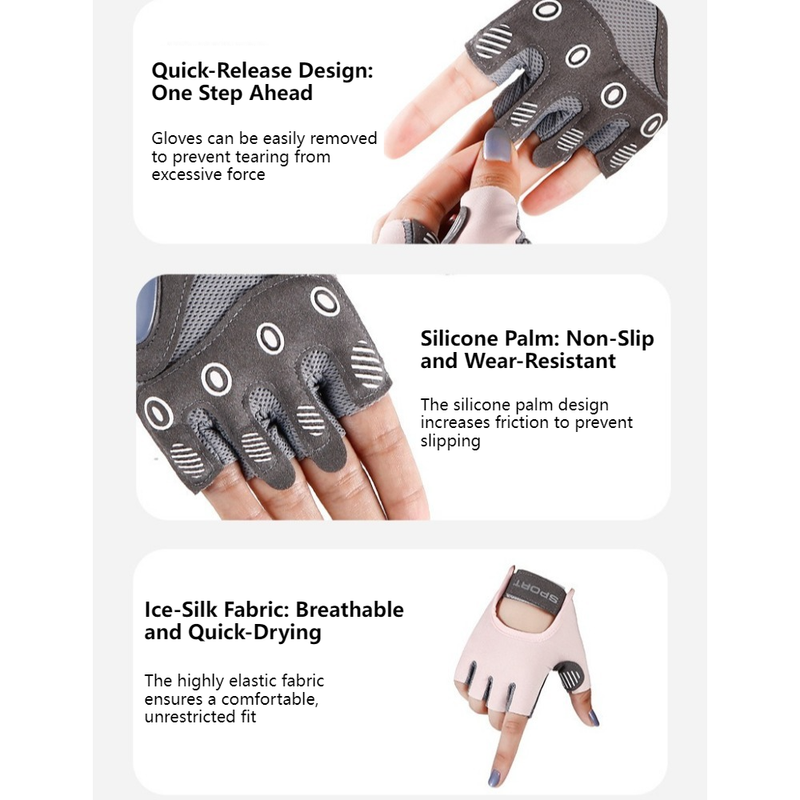 Gray - Size L - Women's Ice Silk Half-Finger Fitness Gloves, Silicone Shock-Absorbing, Anti-Slip, Breathable Sports Gloves