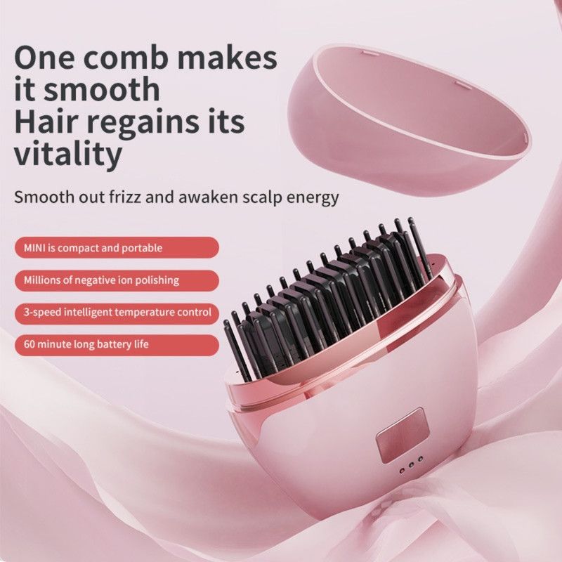 Mini Wireless Negative Ion Hair Straightener Brush, Rechargeable Portable Constant-Temperature Hair Styling Comb for Travel—Black