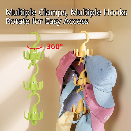 3-Pack - Cute Cartoon 5-Claw Rotating Hook, Multi-Purpose Closet Organizer Hanger for Hats, Bags, Belts, and Lingerie - Yellow