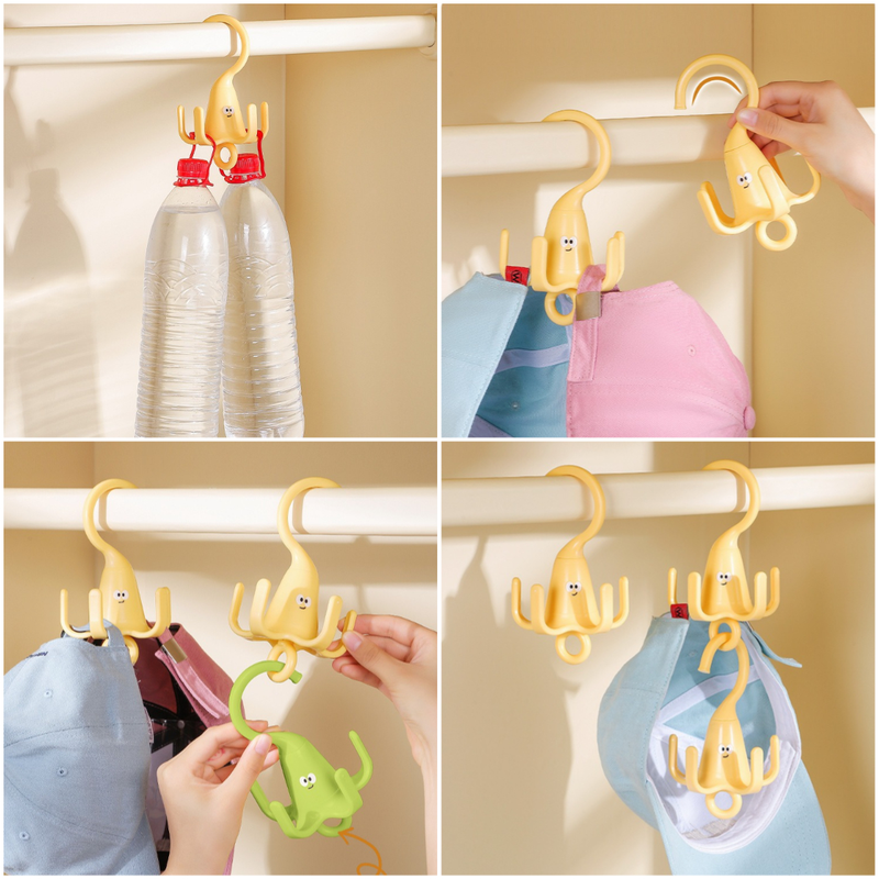 3-Pack - Cute Cartoon 5-Claw Rotating Hook, Multi-Purpose Closet Organizer Hanger for Hats, Bags, Belts, and Lingerie - Yellow