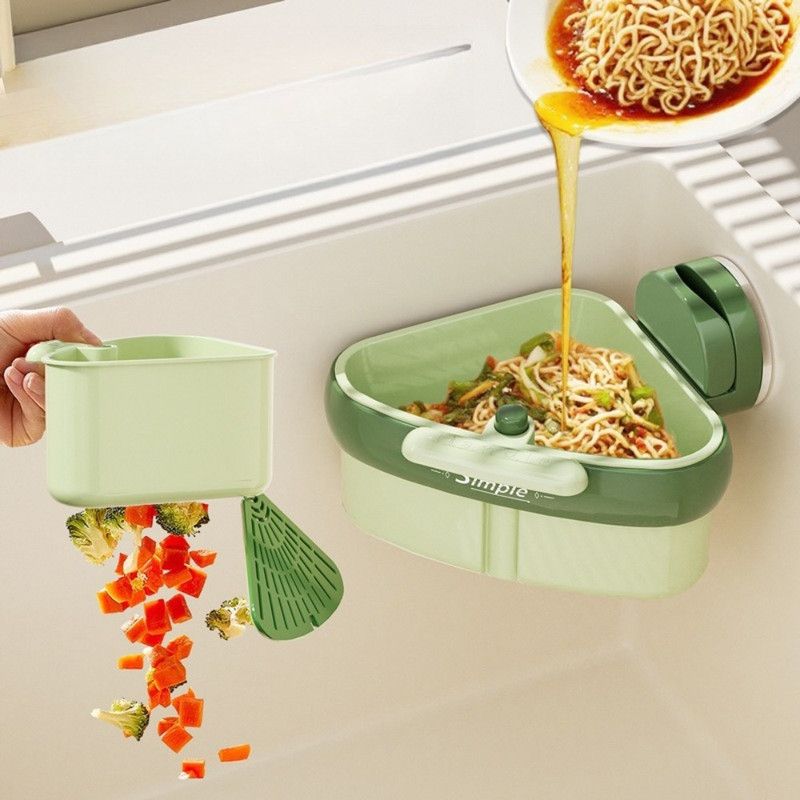 Suction Triangle Sink Drain Basket, Press-On Lid Kitchen Food Residue Filter, Detachable Sink Storage Rack—Orange