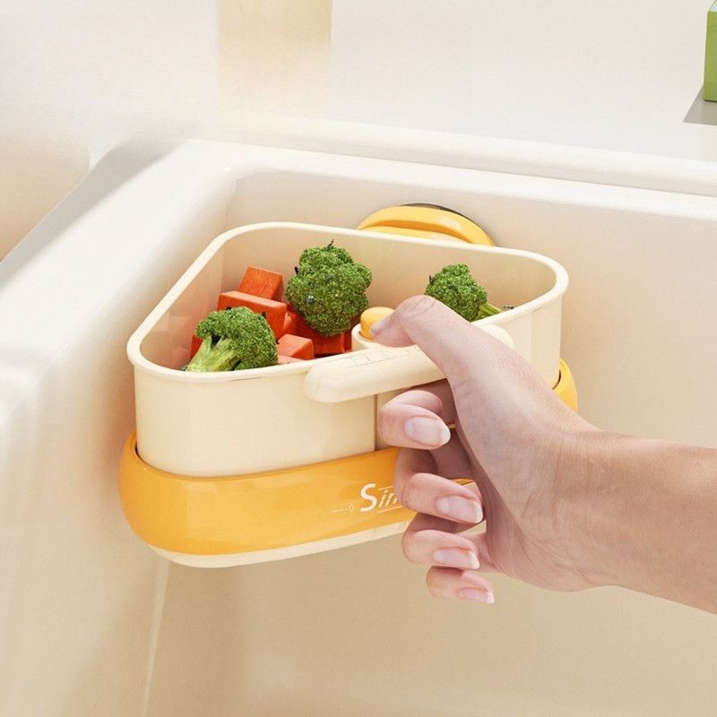 Suction Triangle Sink Drain Basket, Press-On Lid Kitchen Food Residue Filter, Detachable Sink Storage Rack—Orange
