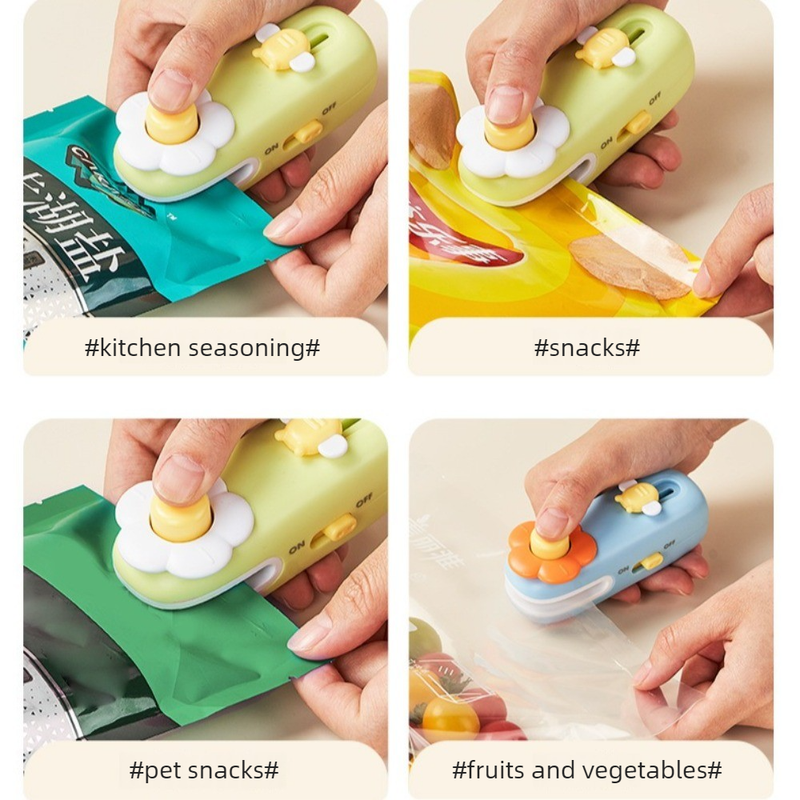 Flower Mini Magnetic Sealer, Handheld Rechargeable 2-in-1 Bag Sealing & Cutter Machine for Snack Packaging—Blue
