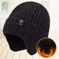 Men's Fleece-Lined Ear Protection Knit Beanie, Warm Thick Winter Hat for Dad or Grandpa—Black