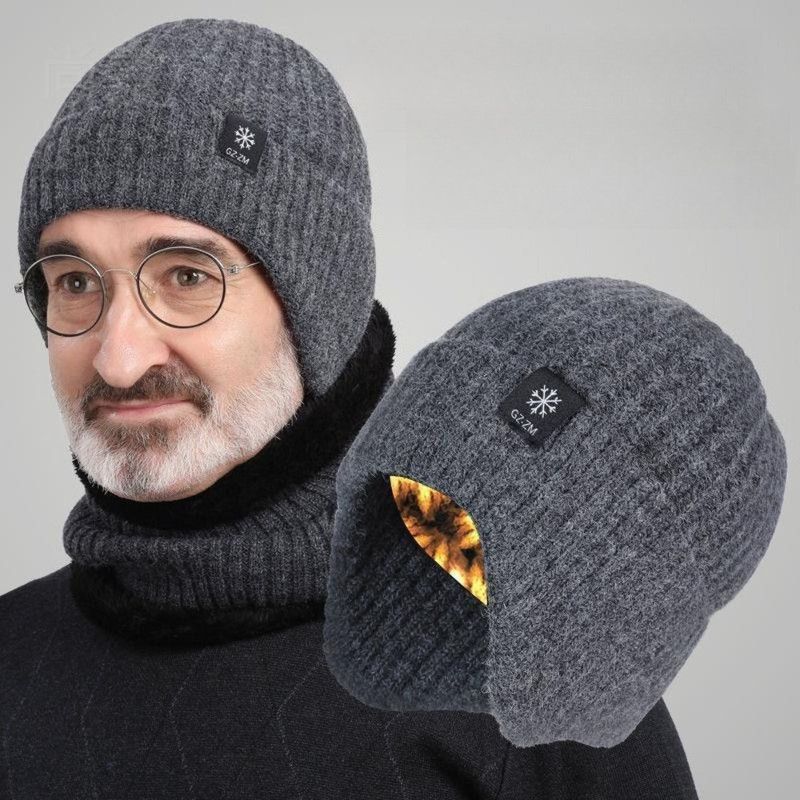 2-Pack—Men's Fleece-Lined Ear Protection Knit Beanie, Warm Thick Winter Hat for Dad or Grandpa—Black