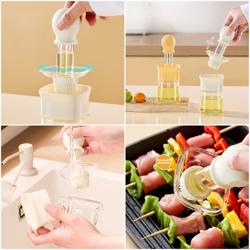 Integrated Oil Storage Silicone Oil Brush Bottle, Food-Grade Heat-Resistant Oil Dispensing Brush for Baking, BBQ—White