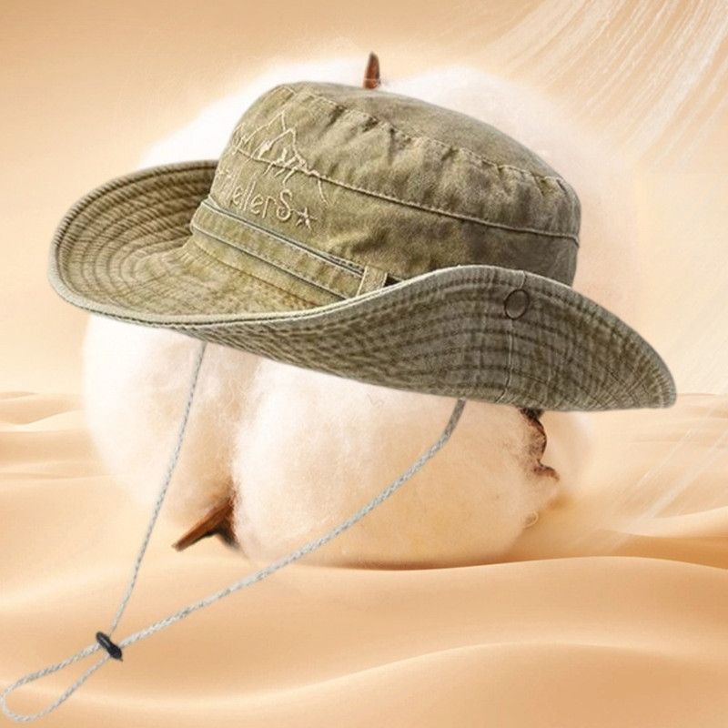 Vintage Washed Embroidered Bucket Hat, Wide-Brim Sun Hat with Drawstring for Hiking and Outdoor Activities - Beige