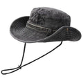 Vintage Washed Embroidered Bucket Hat, Wide-Brimmed Sun Hat with Drawstring for Hiking and Outdoor Activities—Black