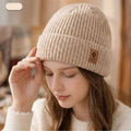 Double Fleece-Lined Vertical Stripe Knit Beanie, Unisex Thick Warm Winter Outdoor Cold-Proof Wool Hat—Beige