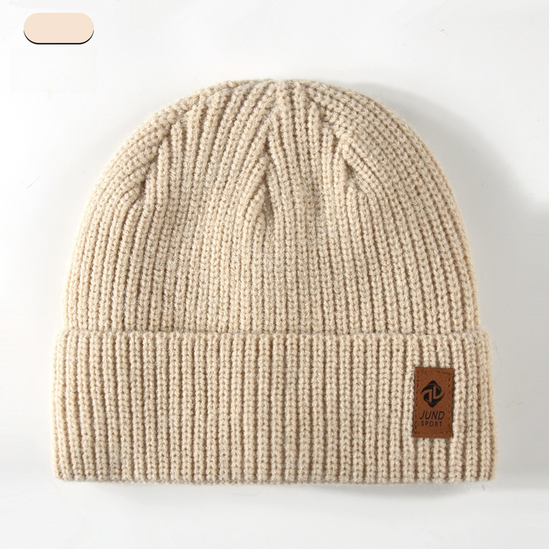 Double Fleece-Lined Vertical Stripe Knit Beanie, Unisex Thick Warm Winter Outdoor Cold-Proof Wool Hat—Beige