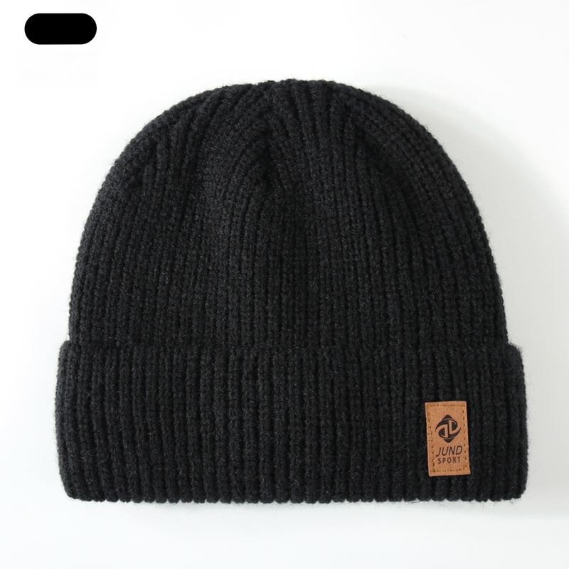 Double Fleece-Lined Vertical Stripe Knit Beanie, Unisex Thick Warm Winter Outdoor Cold-Proof Wool Hat—Black