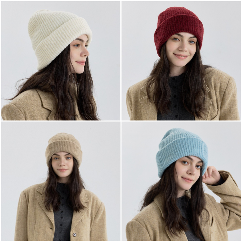 Solid Color Knit Beanie, Unisex Minimal Cuffed Warm Winter Hat with Slim Face Design - Beige