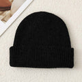 Solid Color Knit Beanie, Unisex Minimal Cuffed Warm Winter Hat with Slim Face Design - Black