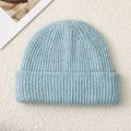 Solid Color Knit Beanie, Unisex Minimal Cuffed Warm Winter Hat with Slim Face Design - Blue