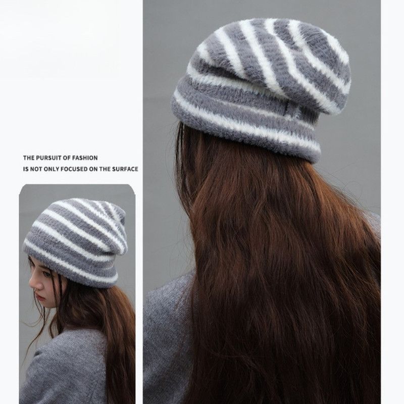 Vintage Stripe Fluffy Knit Beanie, Unisex Slouchy Warm Striped Winter Hat with Slim Face Design—Black