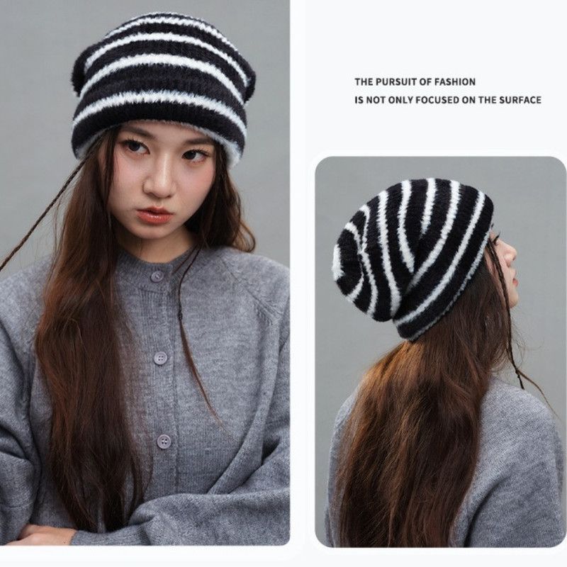 Vintage Stripe Fluffy Knit Beanie, Unisex Slouchy Warm Striped Winter Hat with Slim Face Design—Gray