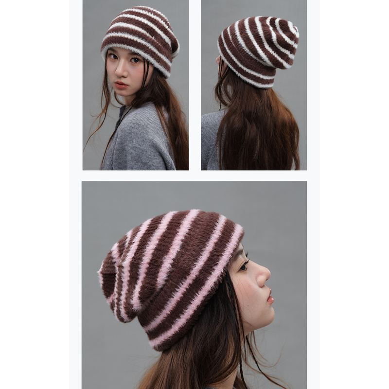 Vintage Stripe Fluffy Knit Beanie, Unisex Slouchy Warm Striped Winter Hat with Slim Face Design—Khaki