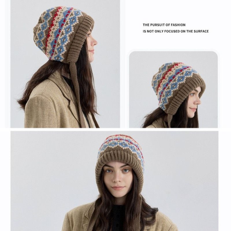 Vintage Ethnic Jacquard Knit Hat with Tie, Warm Winter Slouchy Beanie for Large Head Circumference, Unisex—Black