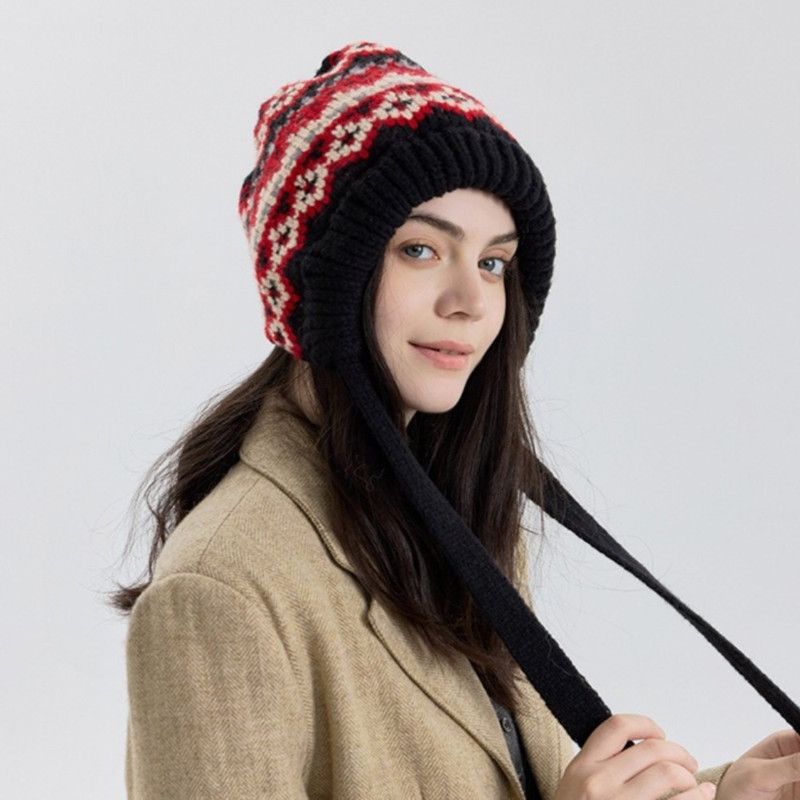 Vintage Ethnic Jacquard Knit Hat with Tie, Warm Winter Slouchy Beanie for Large Head Circumference, Unisex—Blue