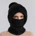 Integrated Knit Hat, Women's Windproof Warm Pom-Pom Hat with Face Cover & Neck Warmer for Winter Cycling - Black