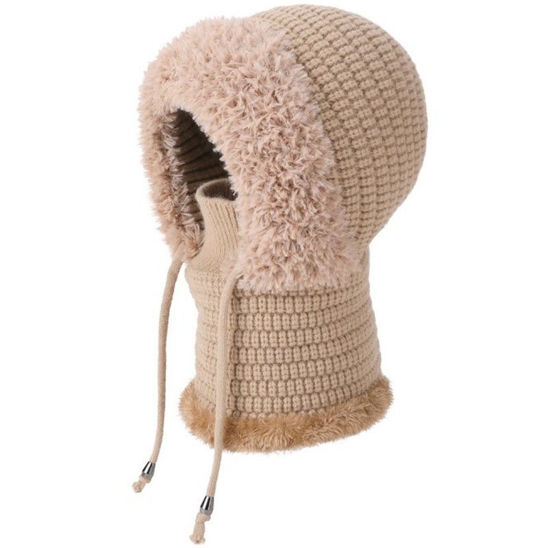 Fleece Ear Protection Integrated Knit Hat, Women's Windproof Balaclava Hat with Face Mask & Neck Warmer - Khaki