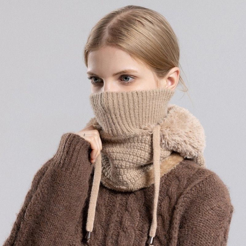 Fleece Ear Protection Integrated Knit Hat, Women's Windproof Balaclava Hat with Face Mask & Neck Warmer - Khaki
