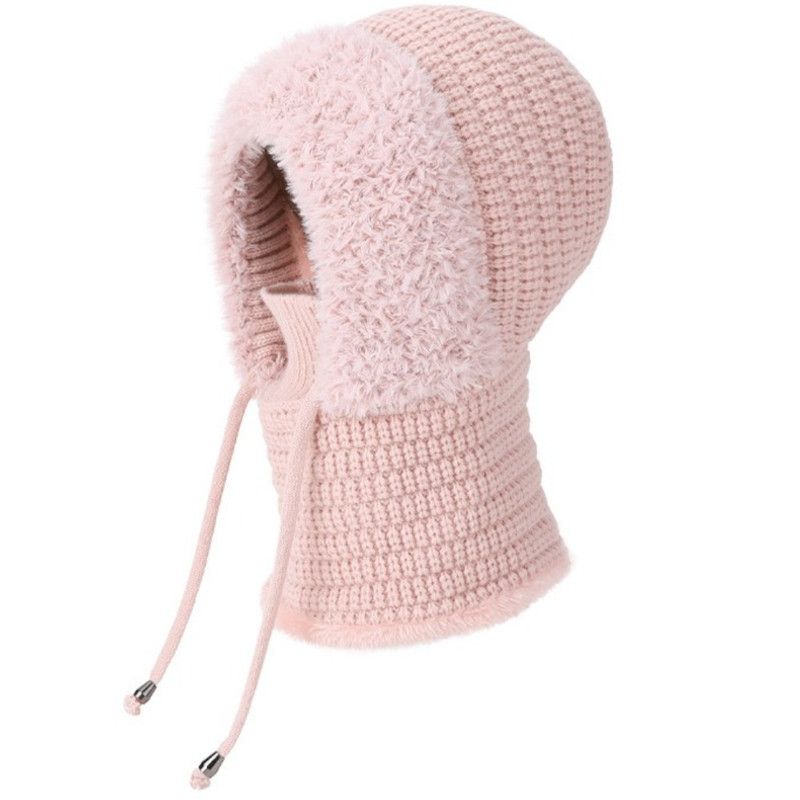 Fleece Ear Protection Integrated Knit Hat, Women's Windproof Balaclava Hat with Face Mask & Neck Warmer—Pink