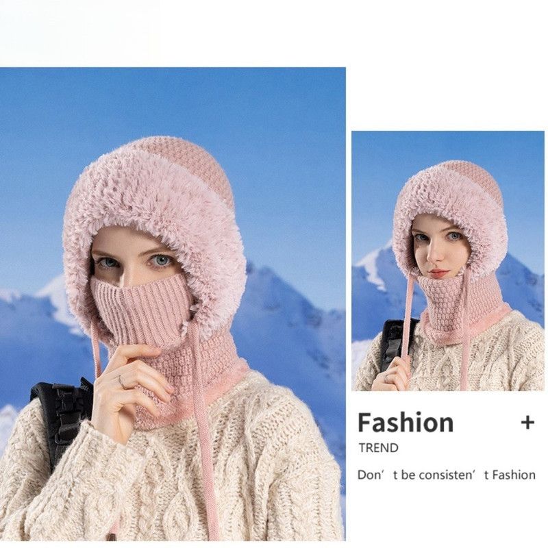 Fleece Ear Protection Integrated Knit Hat, Women's Windproof Balaclava Hat with Face Mask & Neck Warmer—Pink