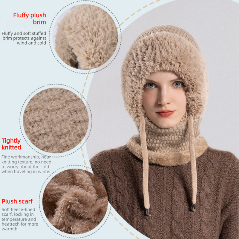 Fleece Ear Protection Integrated Knit Hat, Women's Windproof Balaclava Hat with Face Mask & Neck Warmer—White