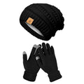 Vintage Cable-Knit Fleece-Lined Beanie & Touchscreen Gloves Set, Women’s Warm Winter Knit Hat 2-Piece Set—Black