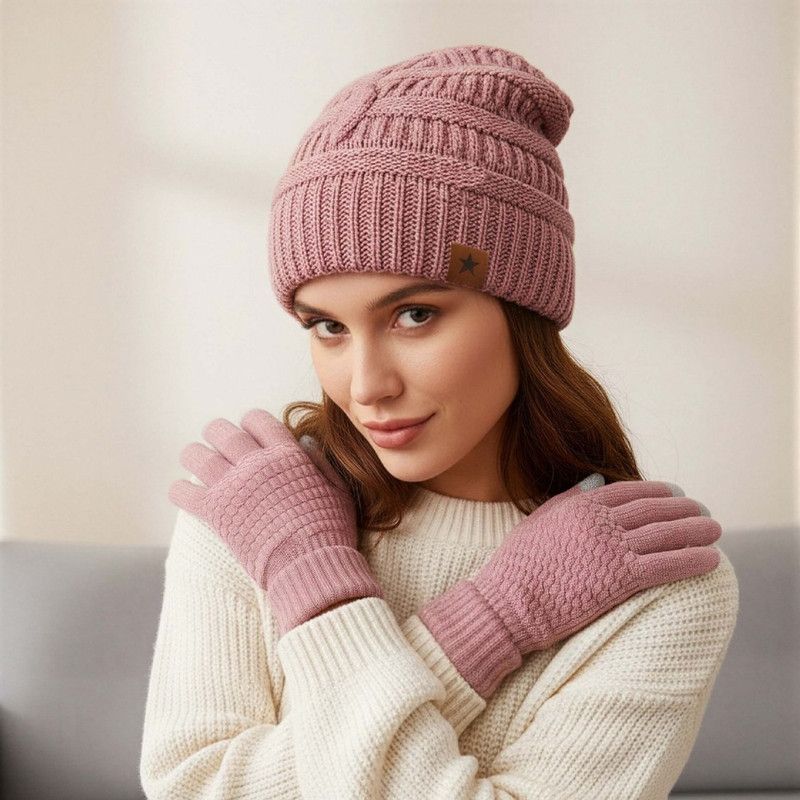 Vintage Cable-Knit Fleece-Lined Beanie & Touchscreen Gloves Set, Women’s Warm Winter Knit Hat 2-Piece Set—Gray